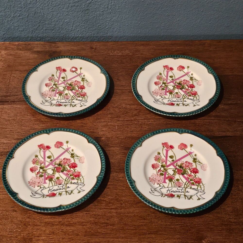 Anthropologie Eyewanderer Monogram "K" Plate Knautia Green Floral 6" Set of 4